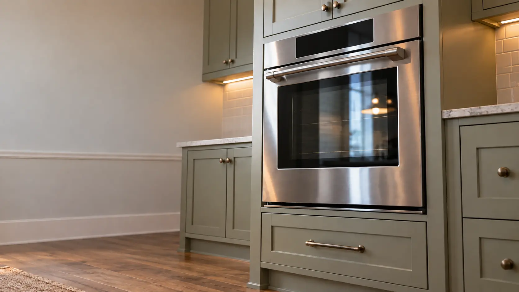 A kitchen wall with the oven in a craftsman bungalow kitchen with a wall oven, seen from a low angle, the oven door glass catching the light.