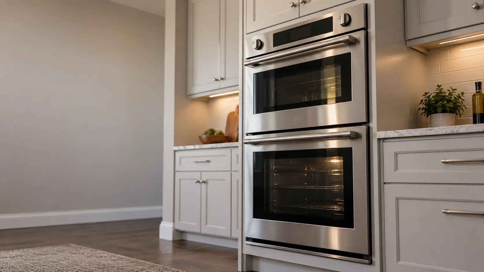 A kitchen wall with the oven in a suburban house kitchen with a double wall oven, seen from a low angle, the oven door glass catching the light.
