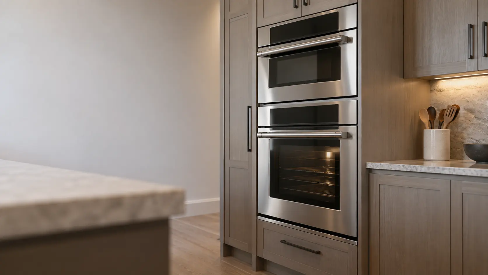 A kitchen wall with the oven in a hillside house kitchen with a speed oven over a wall oven, seen from a low angle, the oven door glass catching the light.