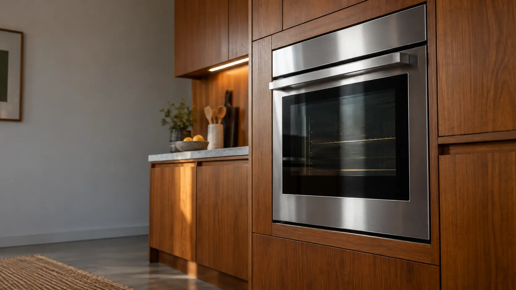 A kitchen wall with the oven in a mid-century house kitchen with a wall oven in teak cabinets, seen from a low angle, the oven door glass catching the light.