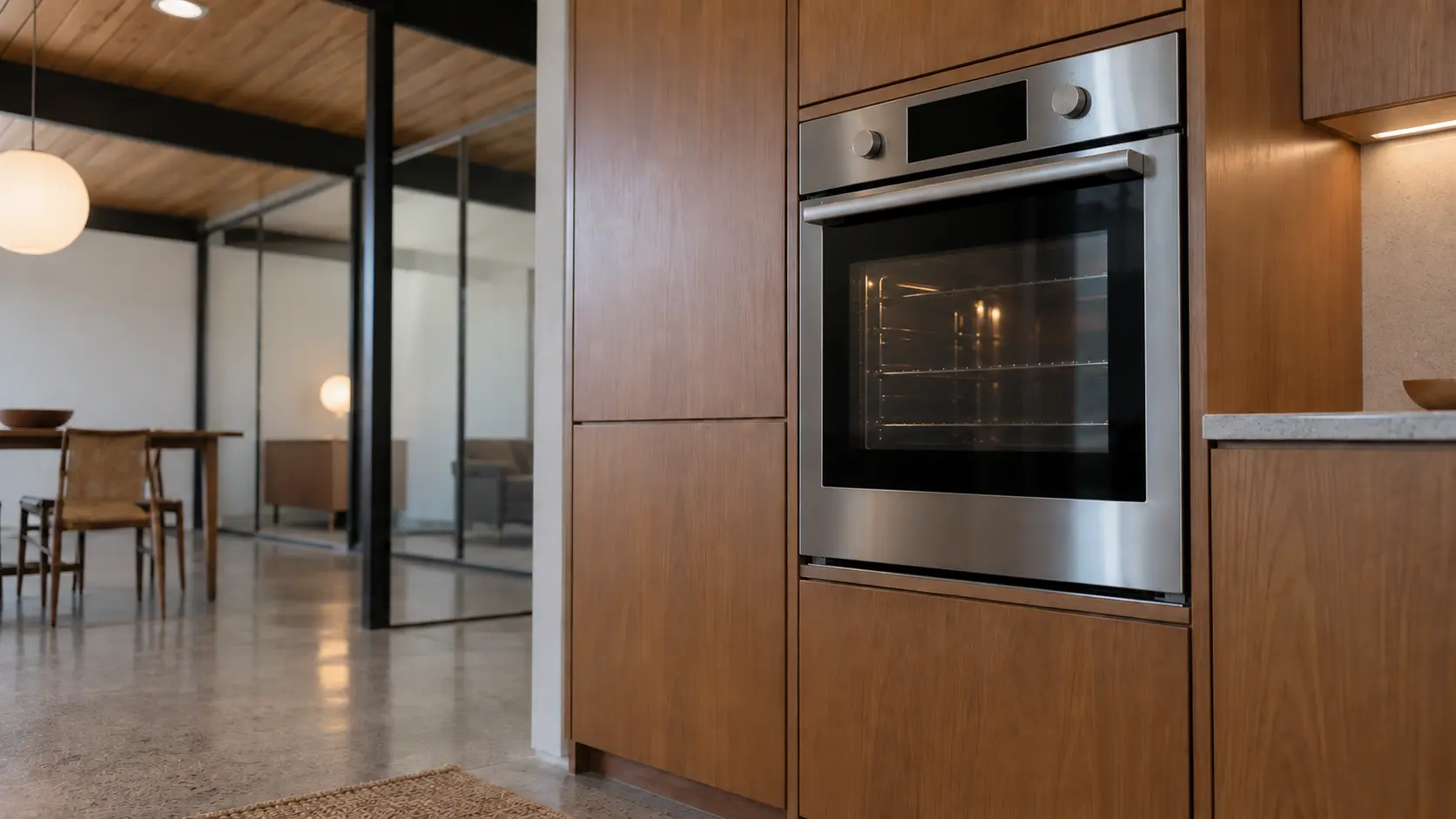 A kitchen wall with the oven in an Eichler house kitchen with a wall oven in a glass-walled kitchen, seen from a low angle, the oven door glass catching the light.