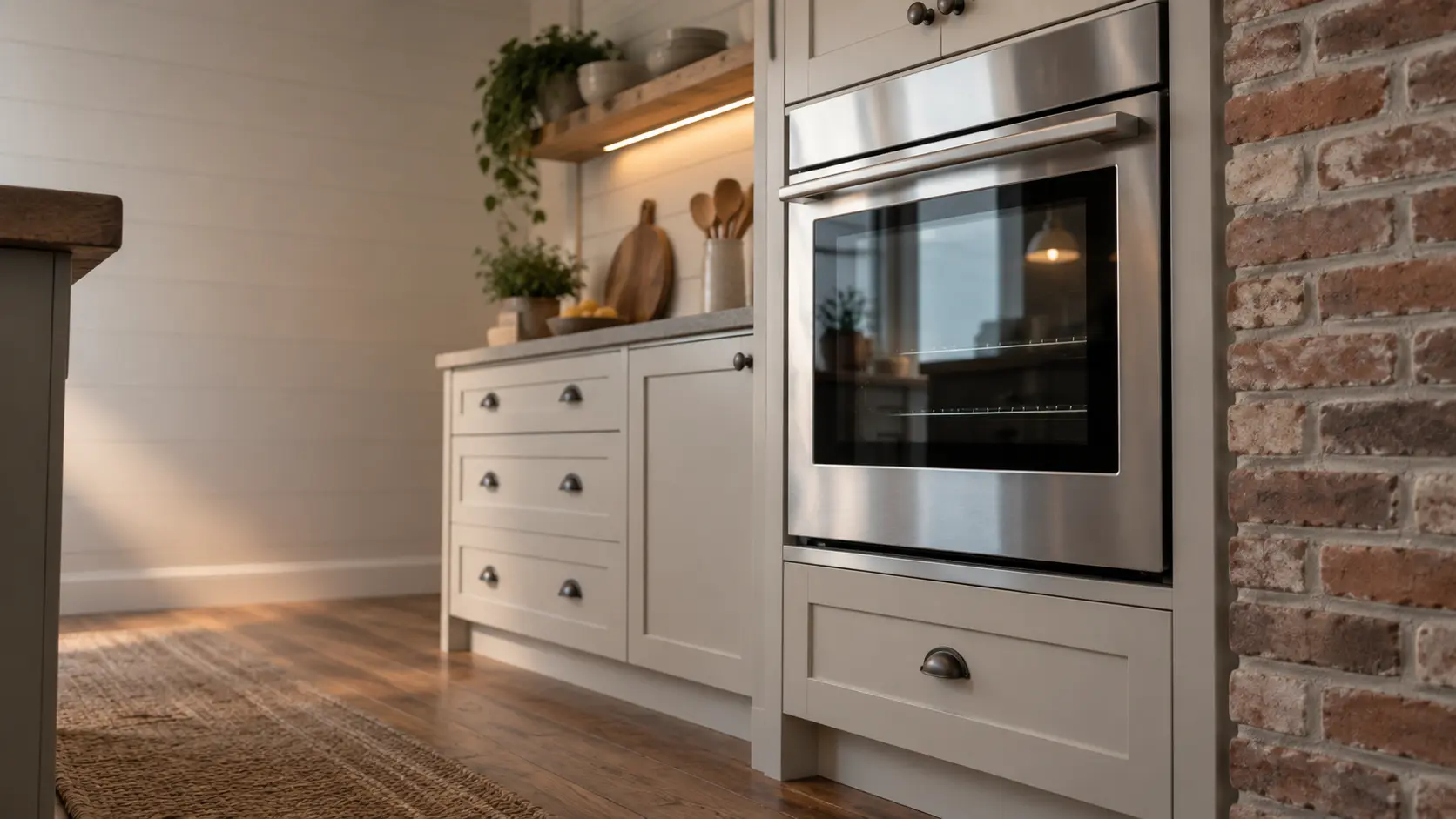 A kitchen wall with the oven in a farmhouse kitchen with a wall oven beside a brick wall, seen from a low angle, the oven door glass catching the light.