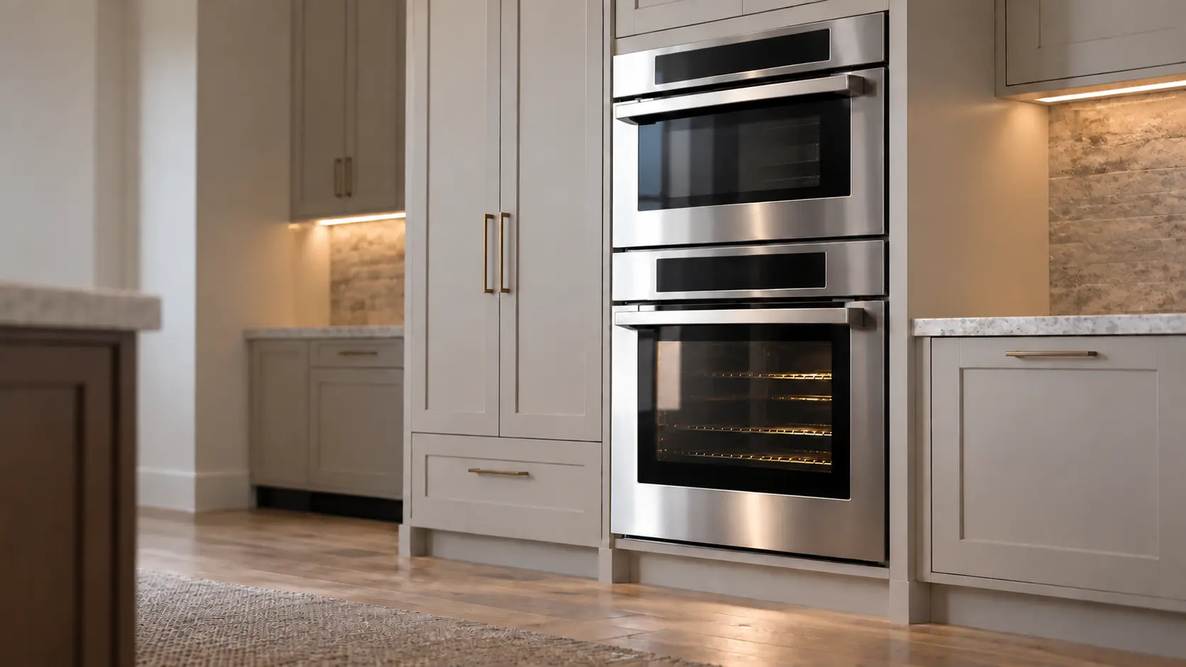 A kitchen wall with the oven in a lakefront house kitchen with a steam oven and wall oven, seen from a low angle, the oven door glass catching the light.
