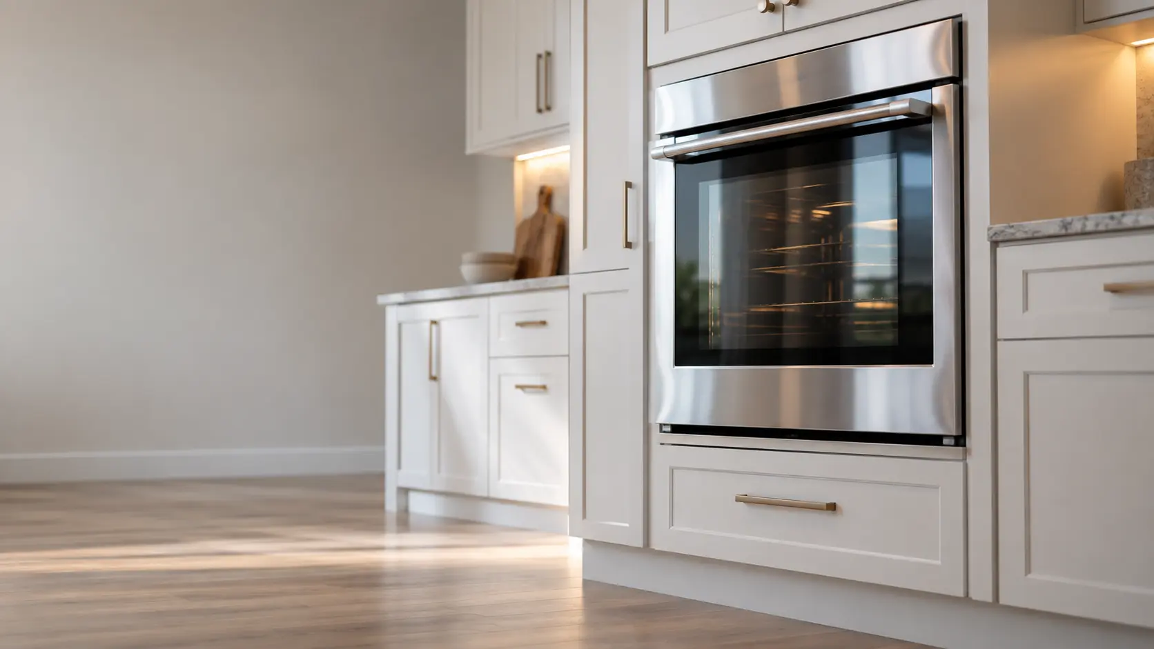 A kitchen wall with the oven in an island house kitchen with a wall oven in painted cabinets, seen from a low angle, the oven door glass catching the light.