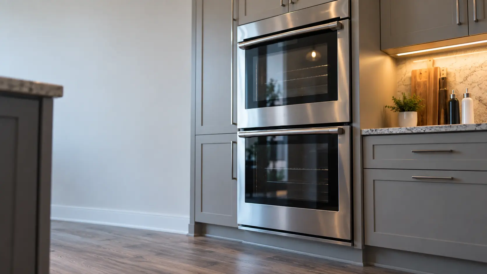 A kitchen wall with the oven in a slab-built house kitchen with a double wall oven, seen from a low angle, the oven door glass catching the light.
