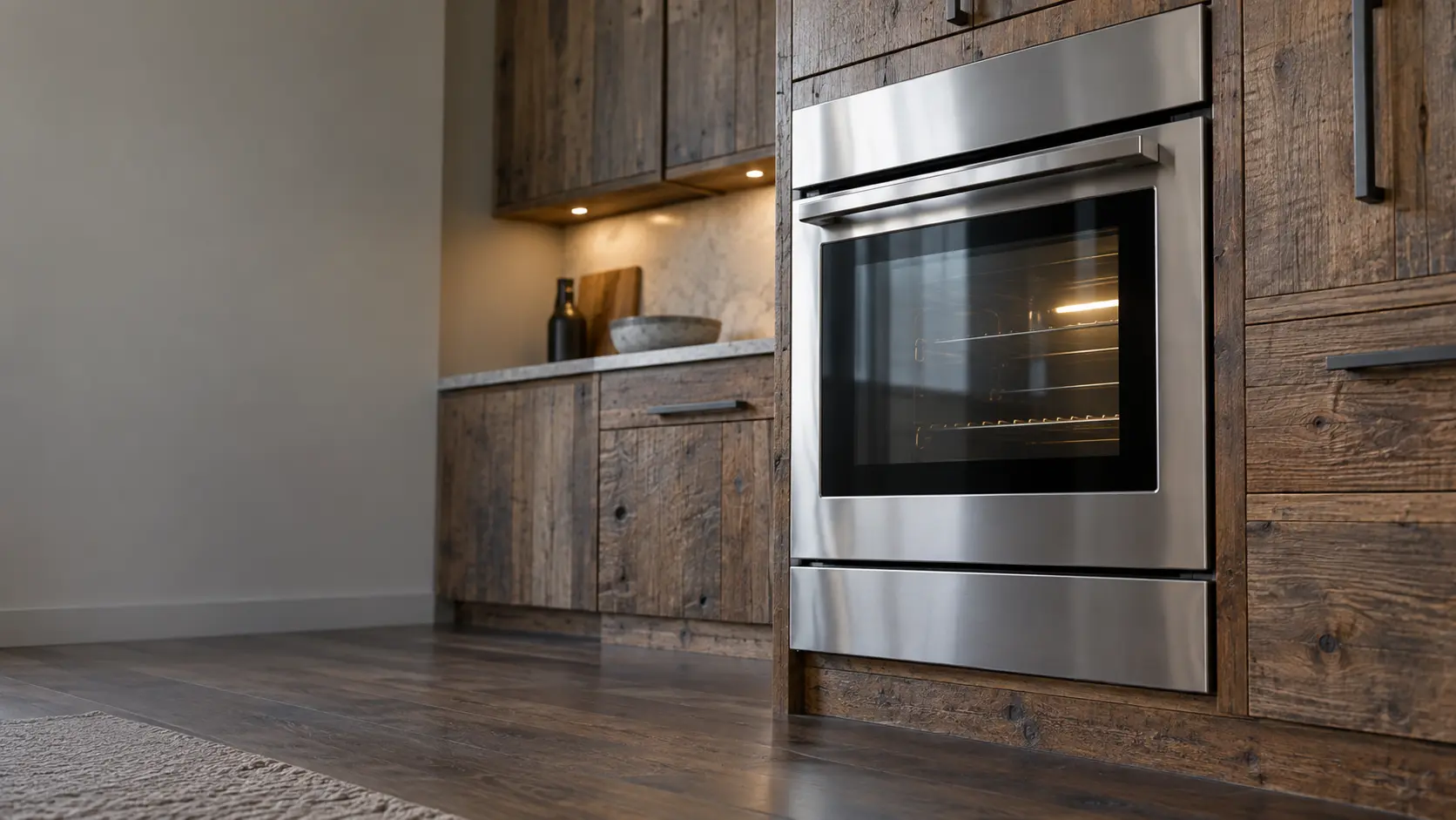 A kitchen wall with the oven in a brownstone kitchen with a wall oven in reclaimed wood cabinets, seen from a low angle, the oven door glass catching the light.