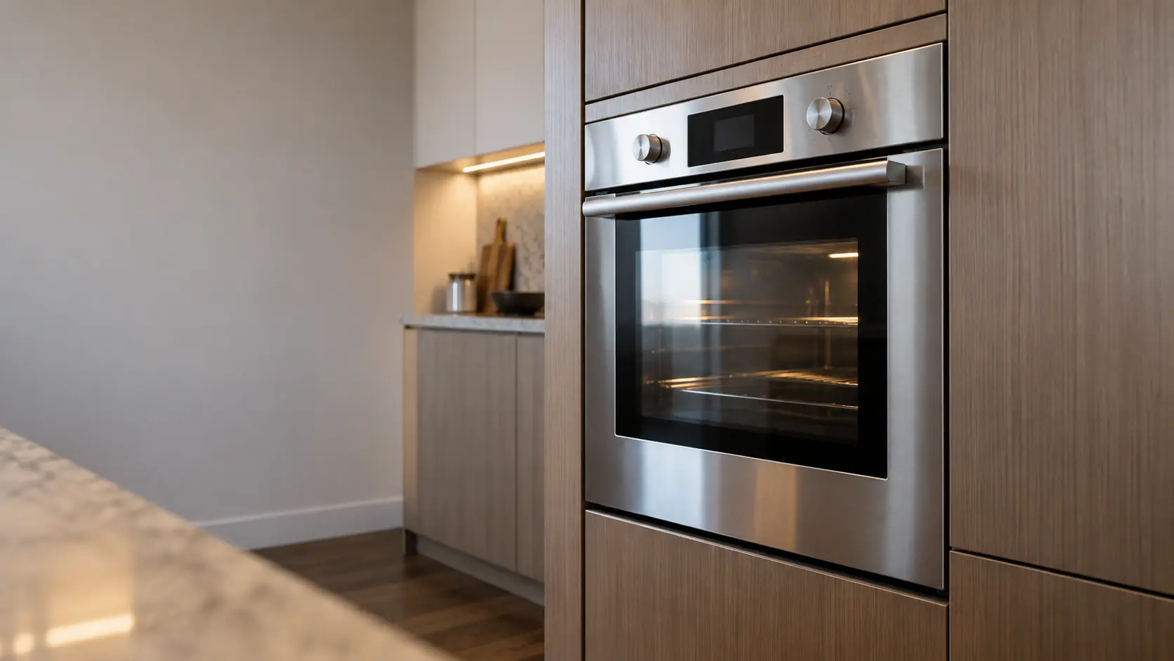 A kitchen wall with the oven in a doorman-building apartment kitchen with a 24-inch wall oven, seen from a low angle, the oven door glass catching the light.