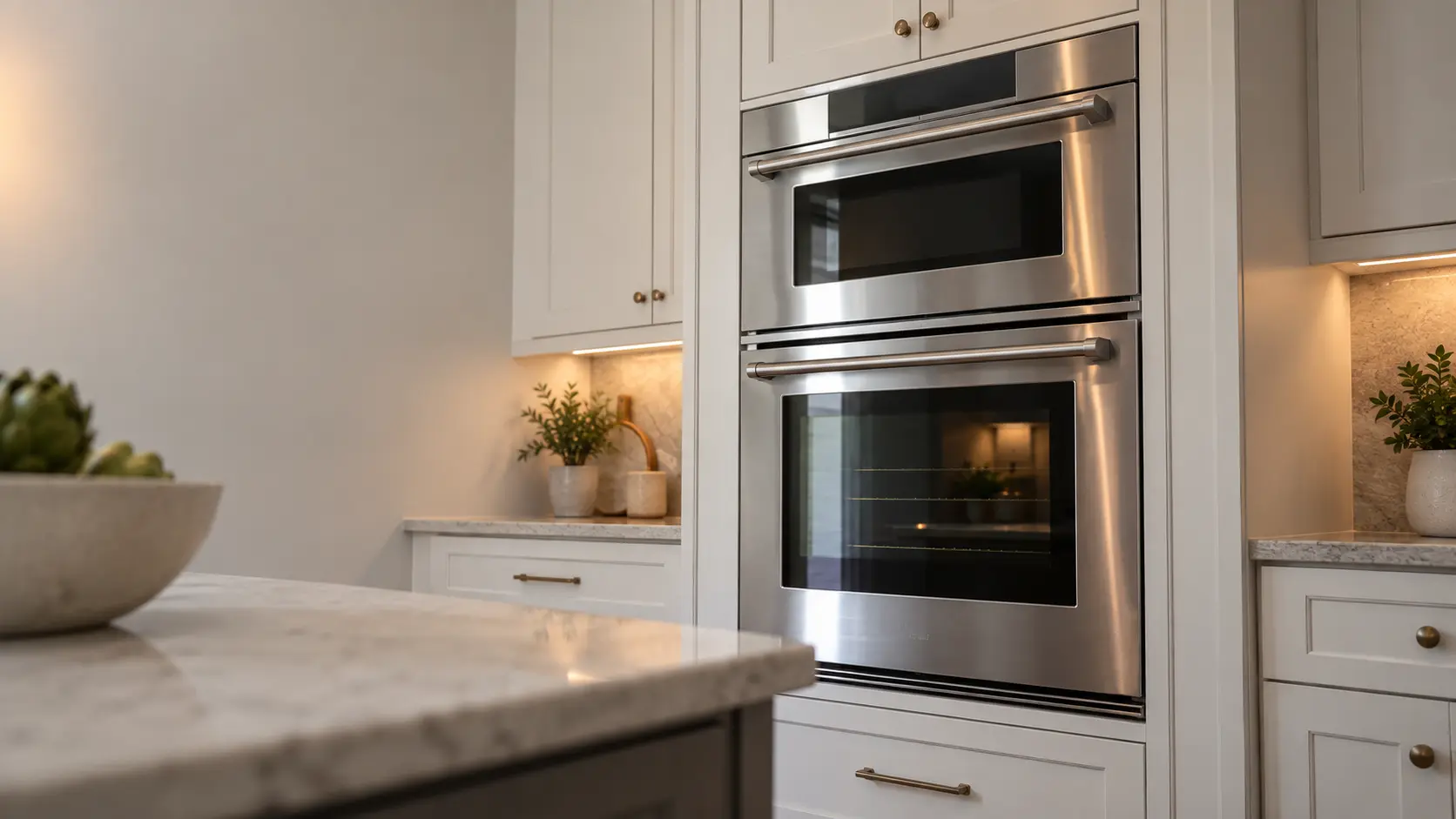 A kitchen wall with the oven in a Long Island colonial kitchen with a wall oven and speed oven, seen from a low angle, the oven door glass catching the light.