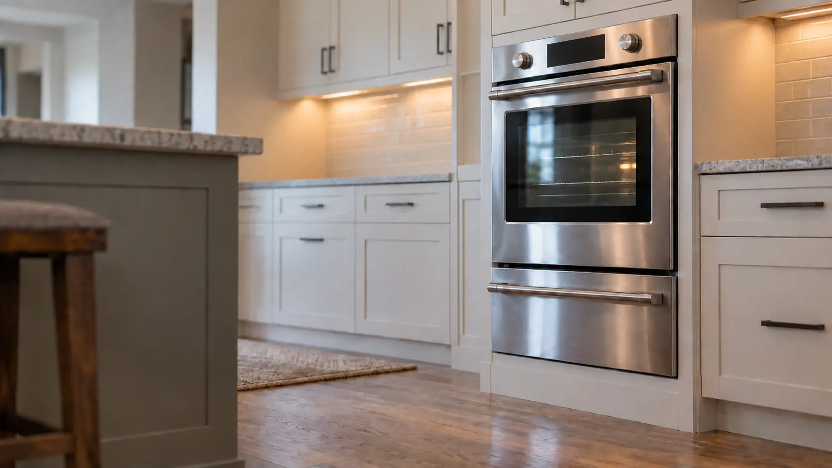 A kitchen wall with the oven in a lakeside family kitchen with a wall oven and warming drawer, seen from a low angle, the oven door glass catching the light.