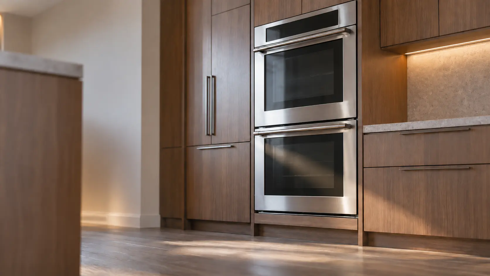 A kitchen wall with the oven in a canal-front house kitchen with a double wall oven, seen from a low angle, the oven door glass catching the light.