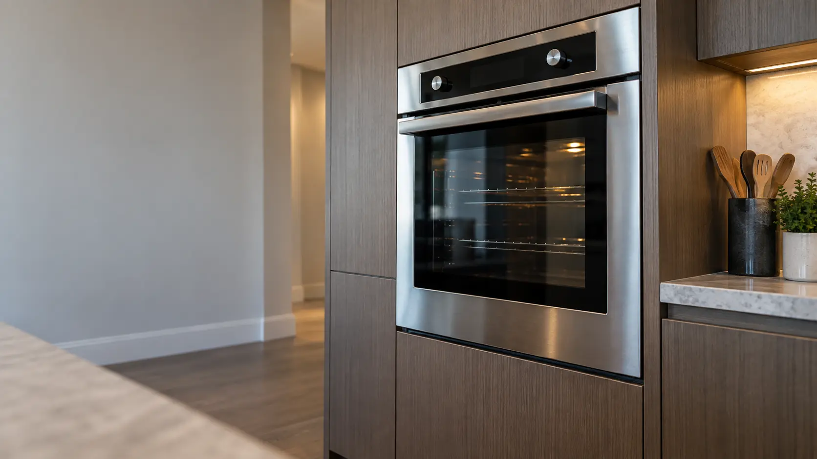 A kitchen wall with the oven in a waterfront condo kitchen with a black-glass wall oven, seen from a low angle, the oven door glass catching the light.