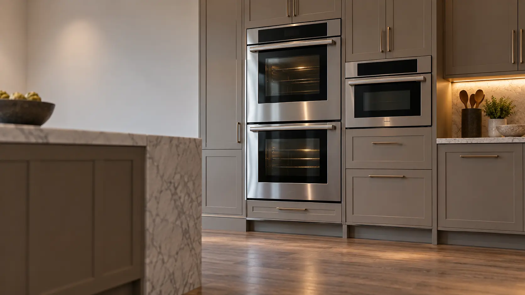 A kitchen wall with the oven in a large estate kitchen with two wall ovens and a steam oven, seen from a low angle, the oven door glass catching the light.