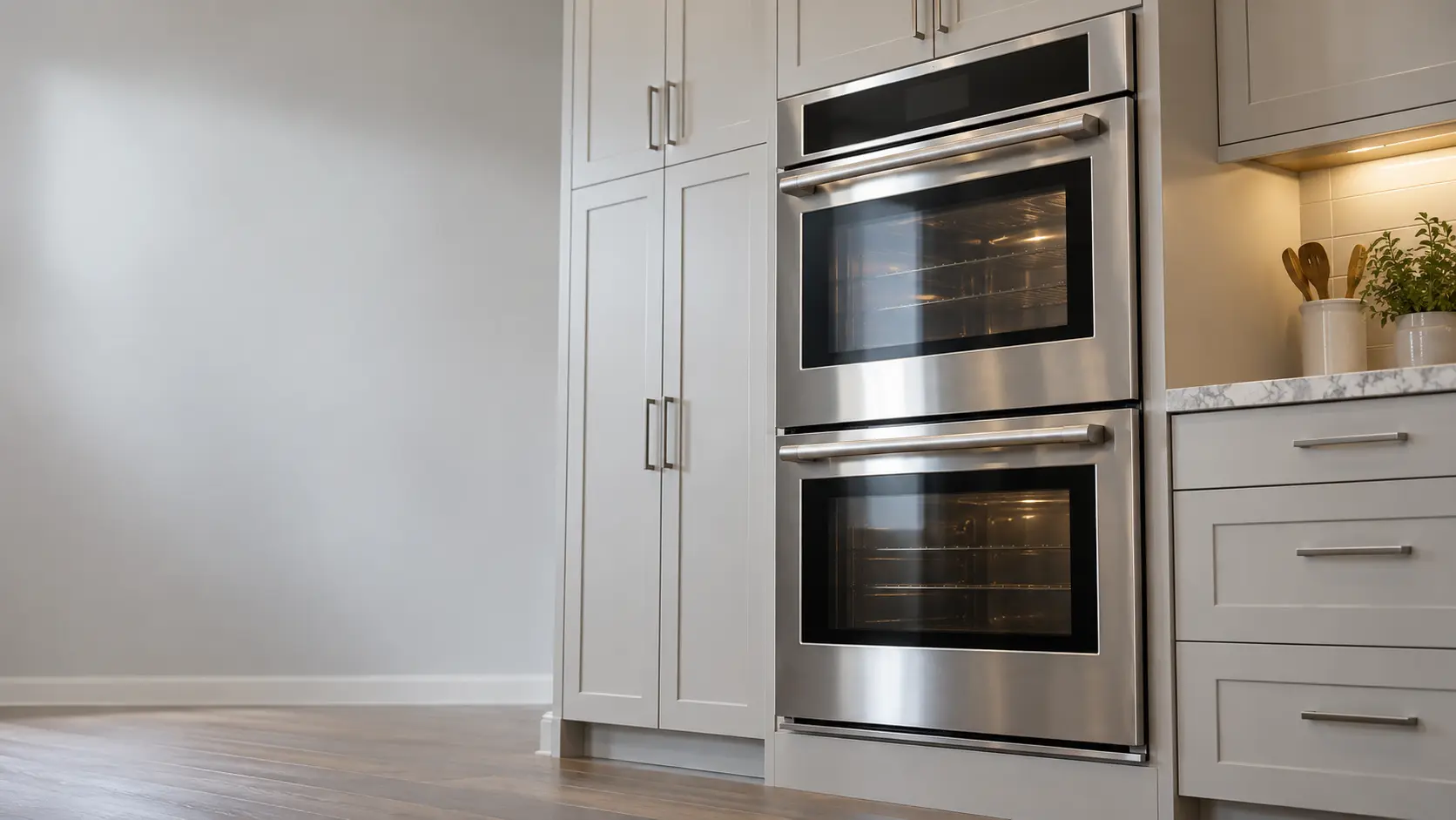A kitchen wall with the oven in a newer subdivision kitchen with a double wall oven, seen from a low angle, the oven door glass catching the light.