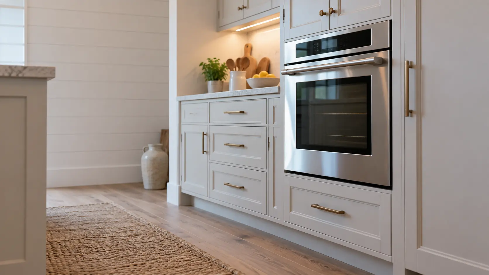 A kitchen wall with the oven in a beach-town cottage kitchen with a compact wall oven, seen from a low angle, the oven door glass catching the light.