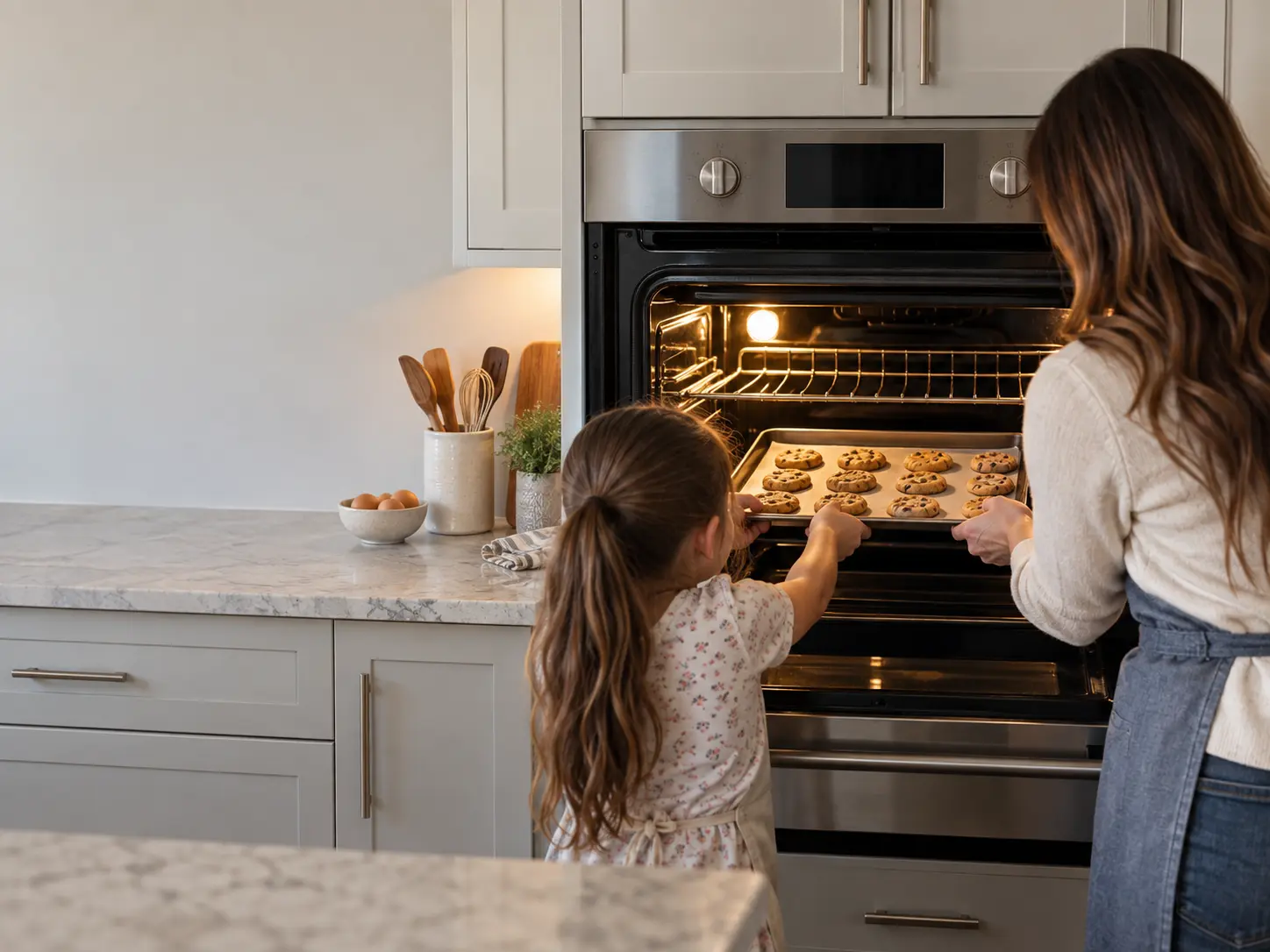 A parent and a child sliding a tray of cookies into an open wall oven together in a bright kitchen