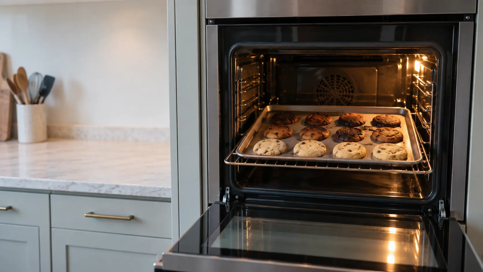 A tray of cookies burned at the back and pale at the front on a rack of an open wall oven.