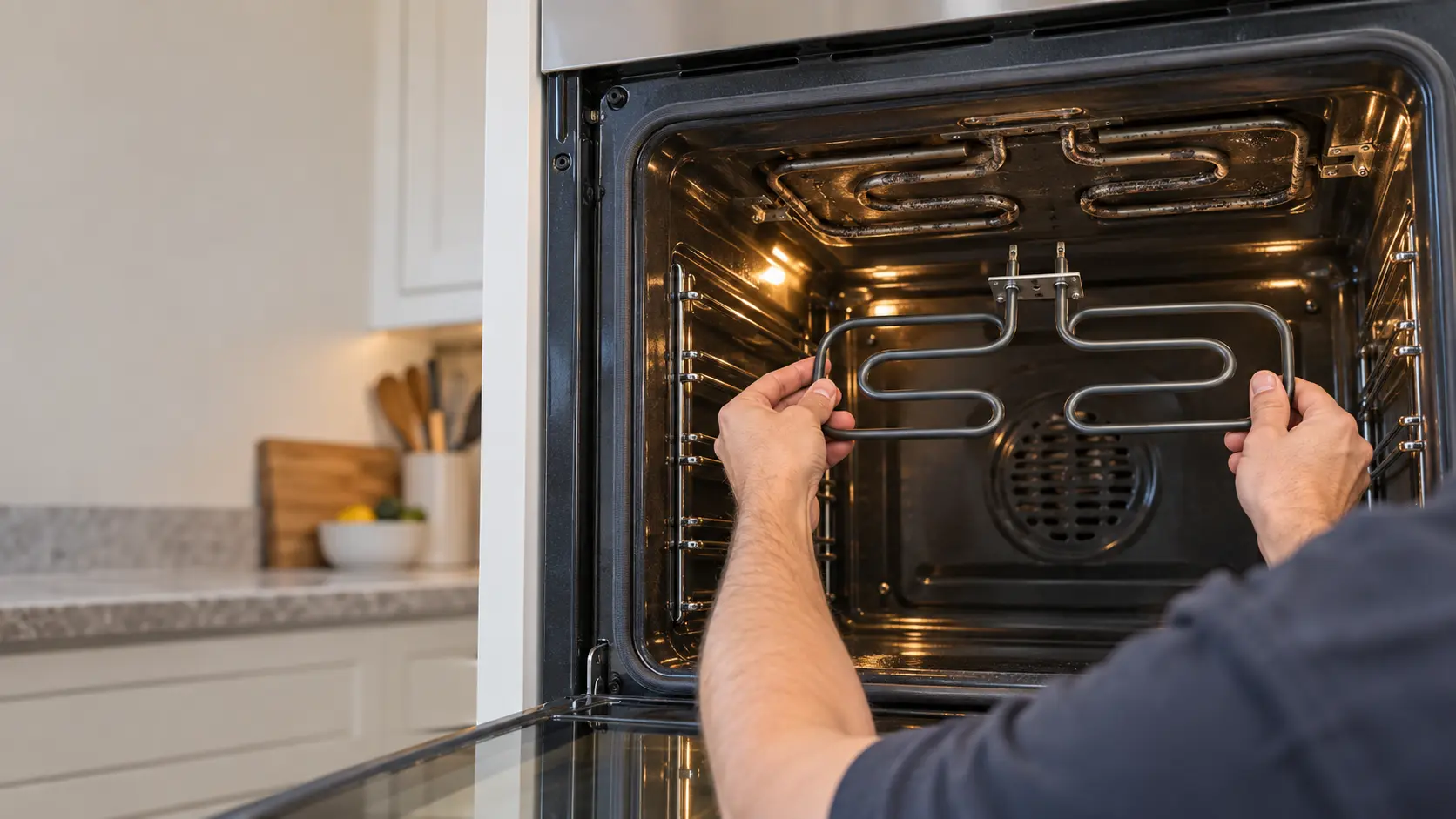 A new coiled broil element is held up inside the open cavity of a wall oven in a US home kitchen, just below the old blistered element still mounted on the ceiling.