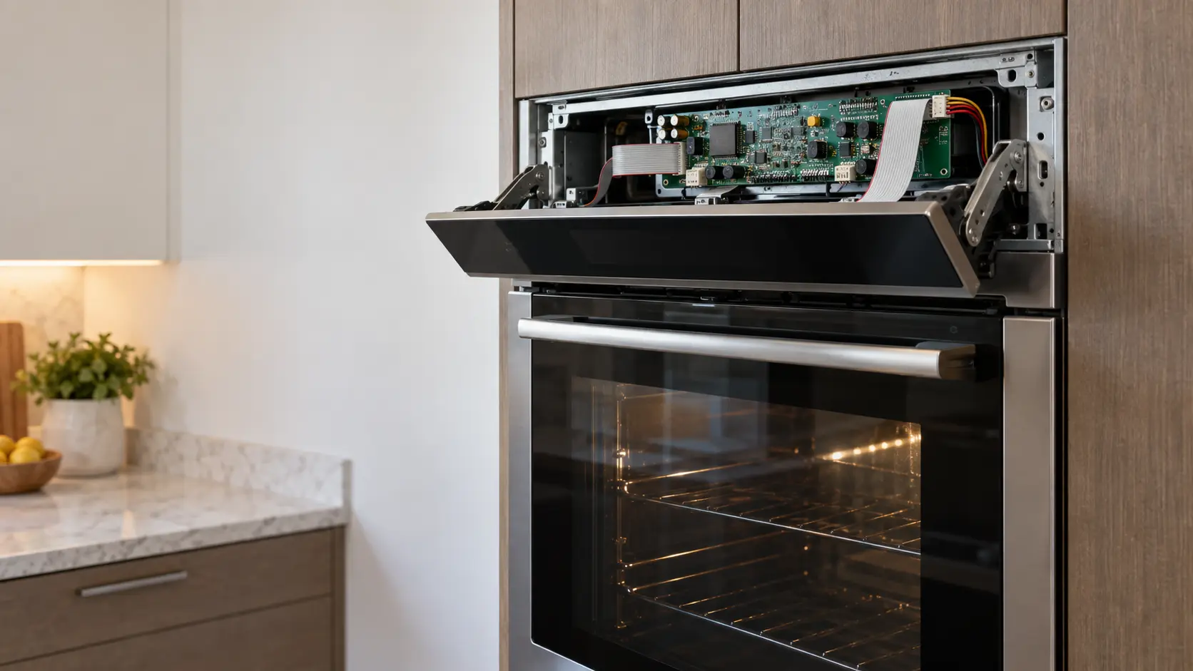 The control panel above a wall oven in a US home kitchen is tilted forward on its hinges, showing the circuit board and ribbon cables behind the touch glass.