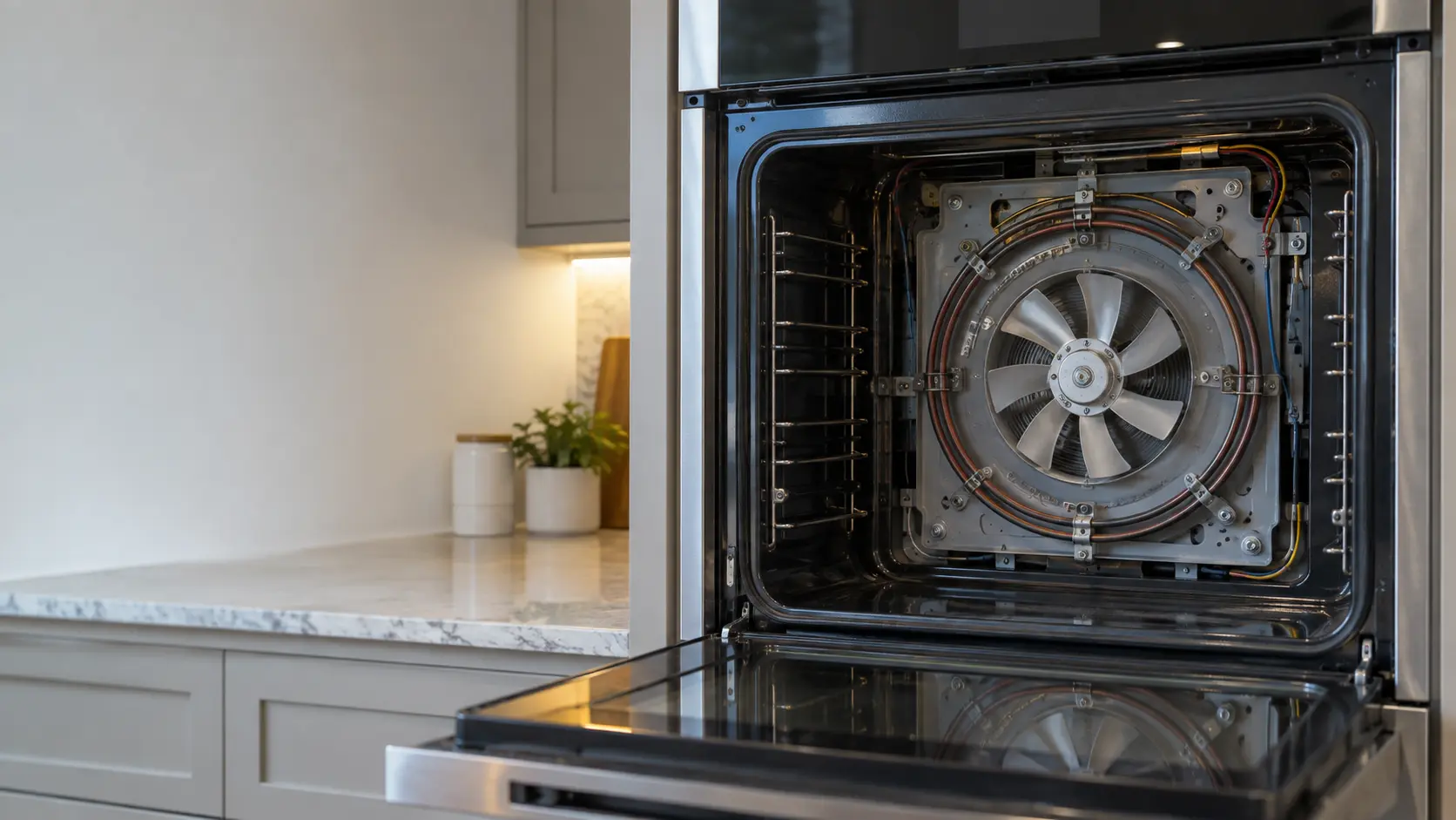 The rear cover of a wall oven cavity has been removed in a US home kitchen, showing the convection fan blade and the ring element around it.