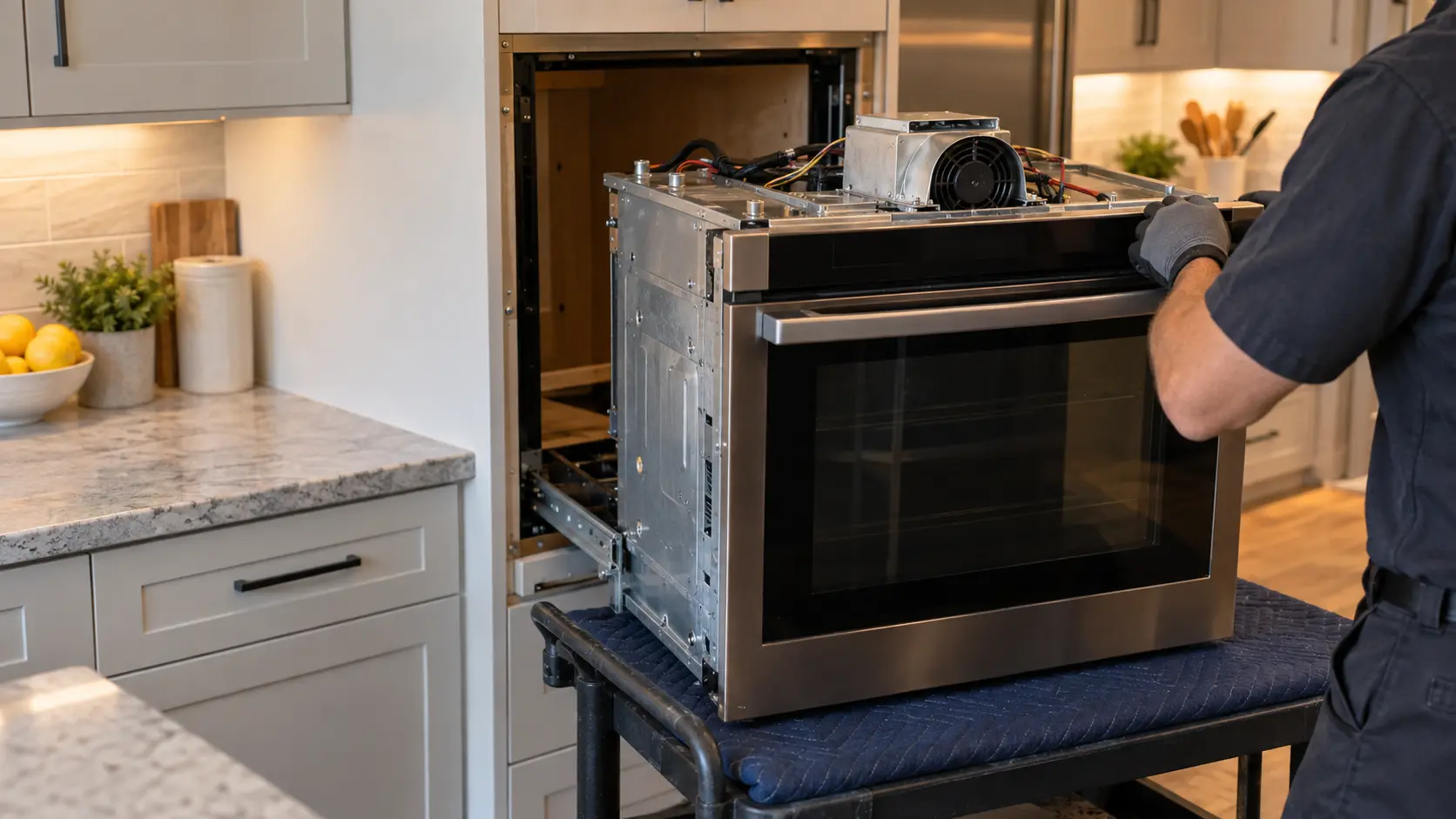 A wall oven is slid partly out of its cabinet onto a padded cart in a US home kitchen, showing the cooling fan housing mounted on top of the oven cavity.