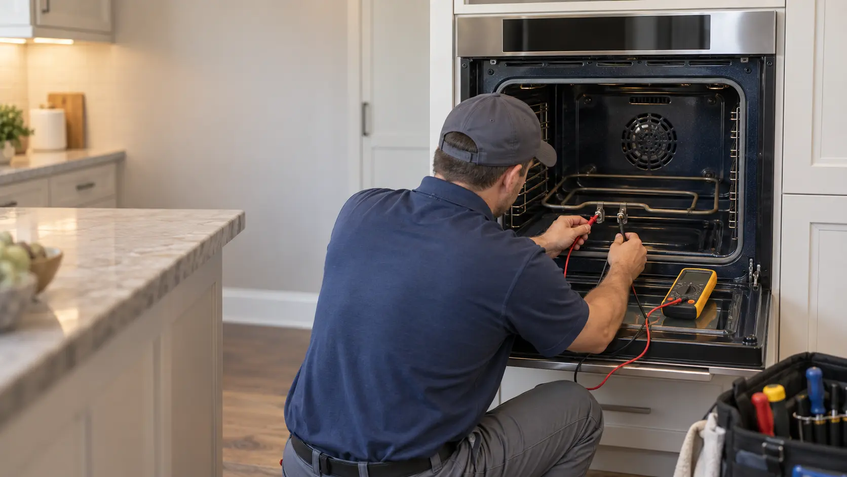A technician kneels in front of an open single wall oven in a US home kitchen, holding multimeter probes against the terminals of the bake element.