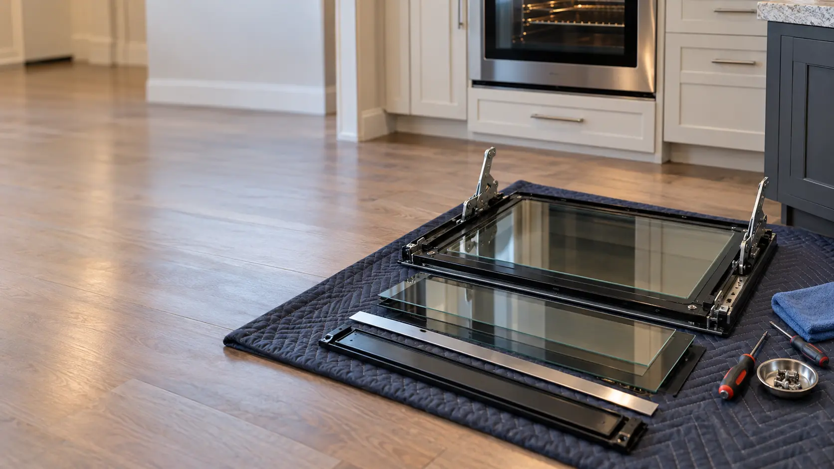 An oven door lies glass side up on a padded blanket on a US home kitchen floor, taken apart to show its inner panes and the two hinge arms.
