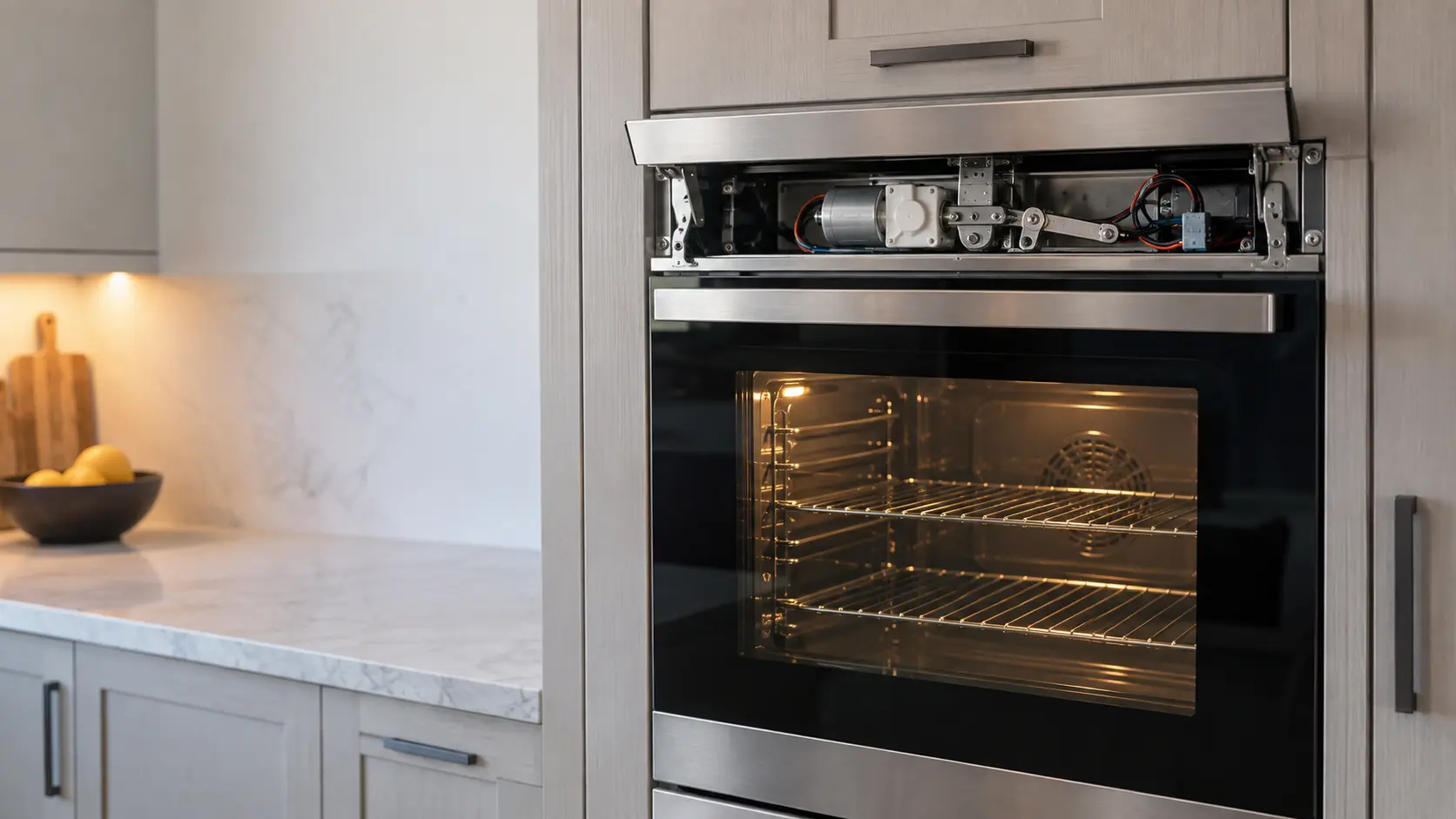 The top trim of a wall oven is lifted in a US home kitchen to show the motorized door latch assembly behind it, while the closed oven door below shows a clean, ash-free cavity through the window.