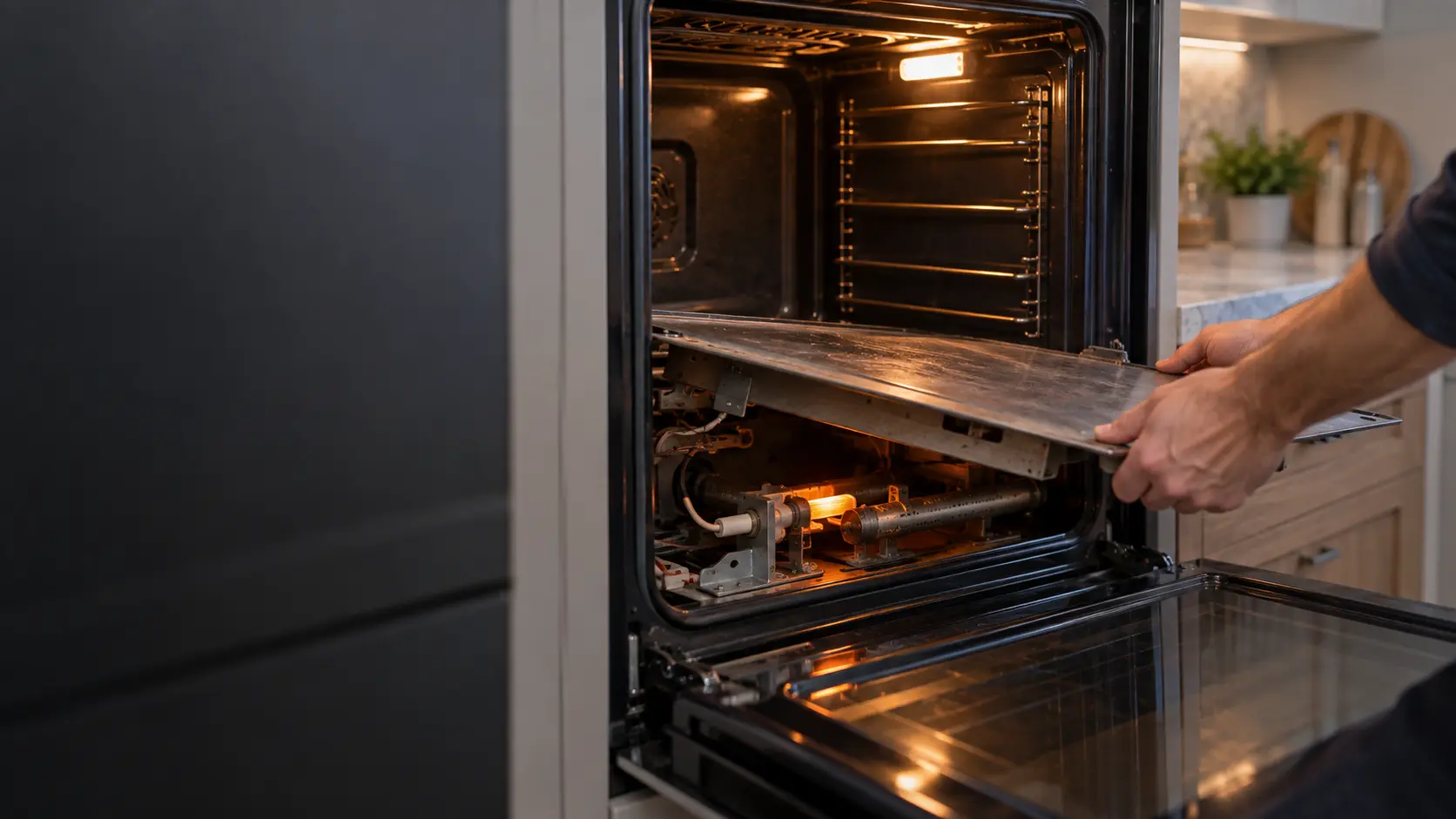 A ceramic hot surface igniter glows bright orange beside a gas burner tube under the lifted floor panel of a gas wall oven in a US home kitchen.