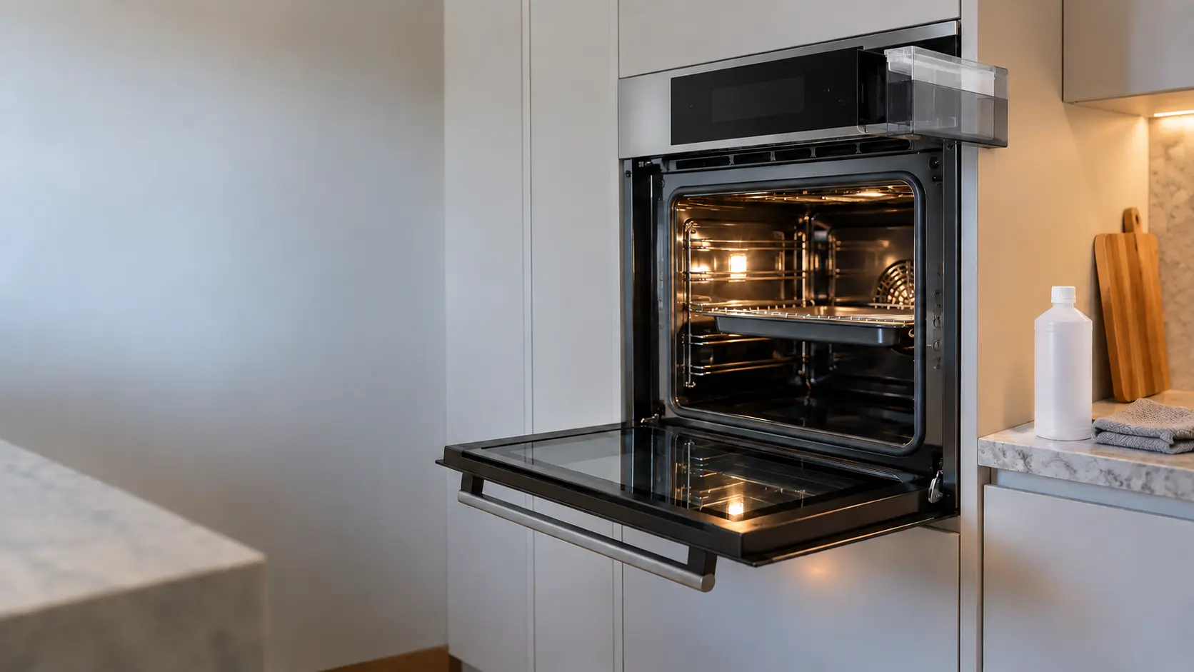 A built-in steam oven stands open at eye level in a US home kitchen, its slide-out water tank pulled out beside the control panel and a bottle of descaling solution on the counter.