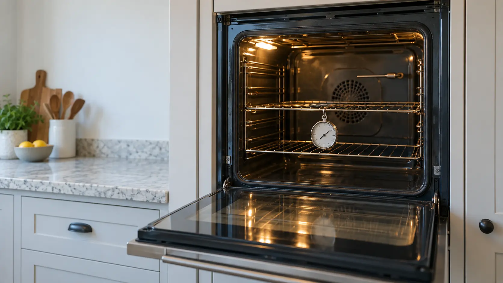 A dial oven thermometer hangs from the middle rack of an open wall oven in a US home kitchen, with the thin temperature sensor probe visible on the back wall of the cavity.