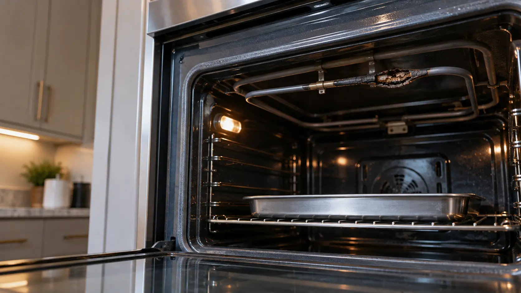 Looking up into the roof of an open wall oven in a US home kitchen at a dark broil element with one burned, blistered section, a broiler pan on the rack below.