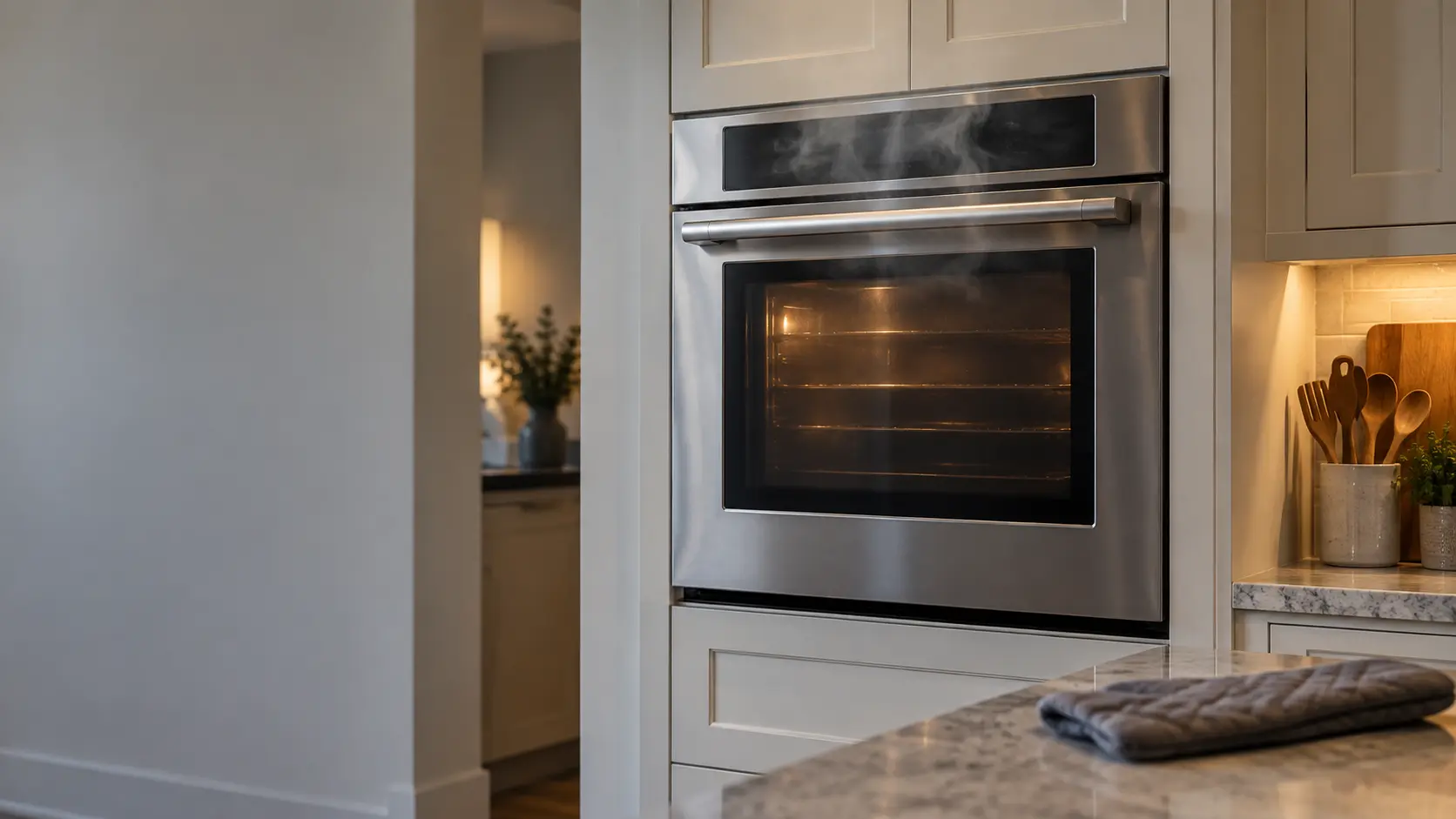 A stainless built-in wall oven in a US home kitchen with a thin haze of smoke rising along the top of its closed door, an oven mitt resting on the counter below.