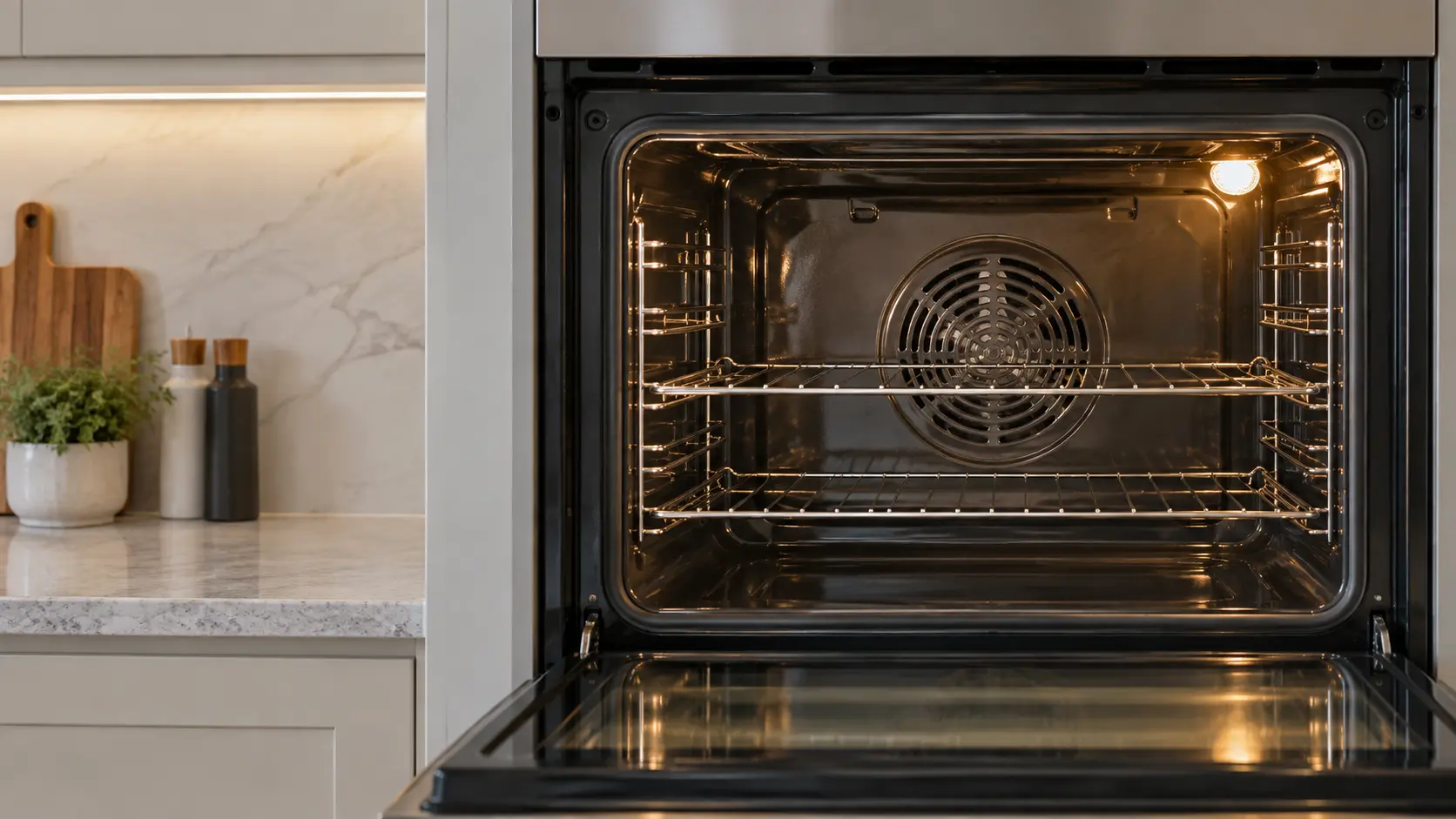 The back wall of an open convection wall oven in a US home kitchen, its round fan cover in sharp focus behind empty racks.