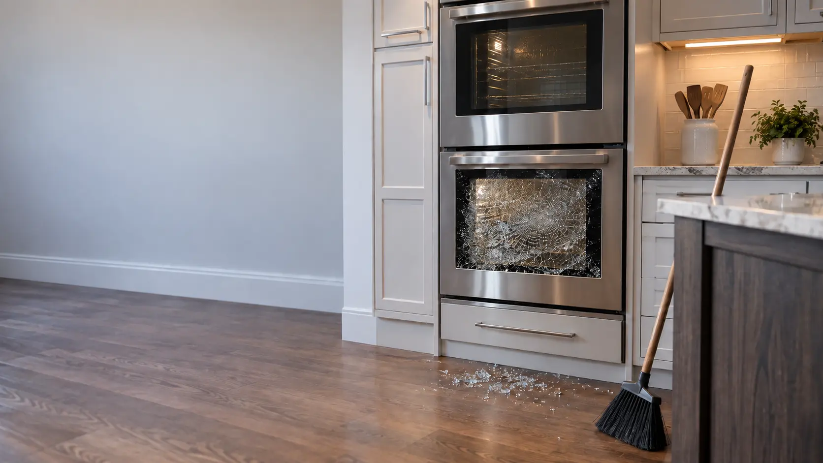 The lower door of a double wall oven in a US home kitchen with its outer glass crazed into small cubes, a few pieces scattered on the wood floor and a broom leaning against the island.