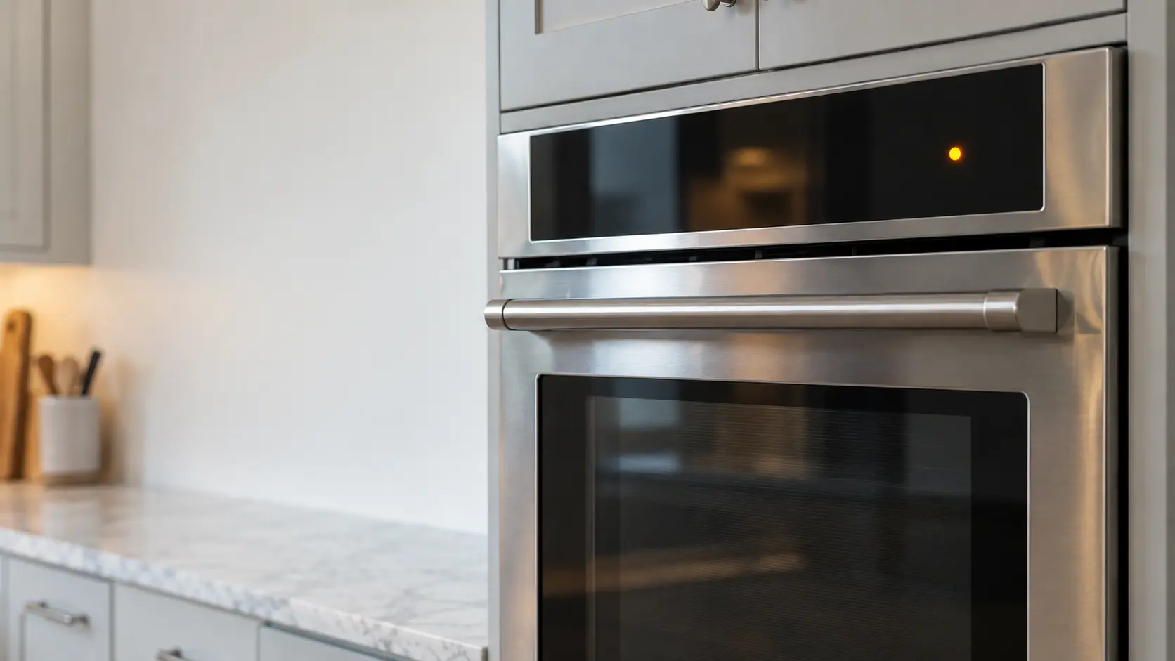 A close view of the handle and upper edge of a closed stainless wall oven door in a US home kitchen, a small amber lock light glowing on the control panel above.