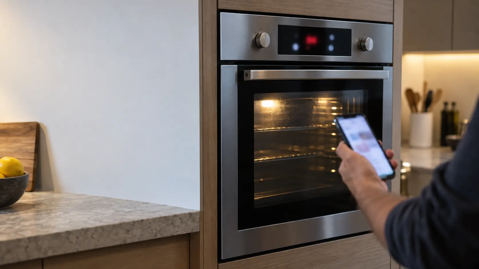 The glowing control display of a built-in wall oven in a US home kitchen showing a blurred, unreadable code, a phone held up beside it as if to look it up.