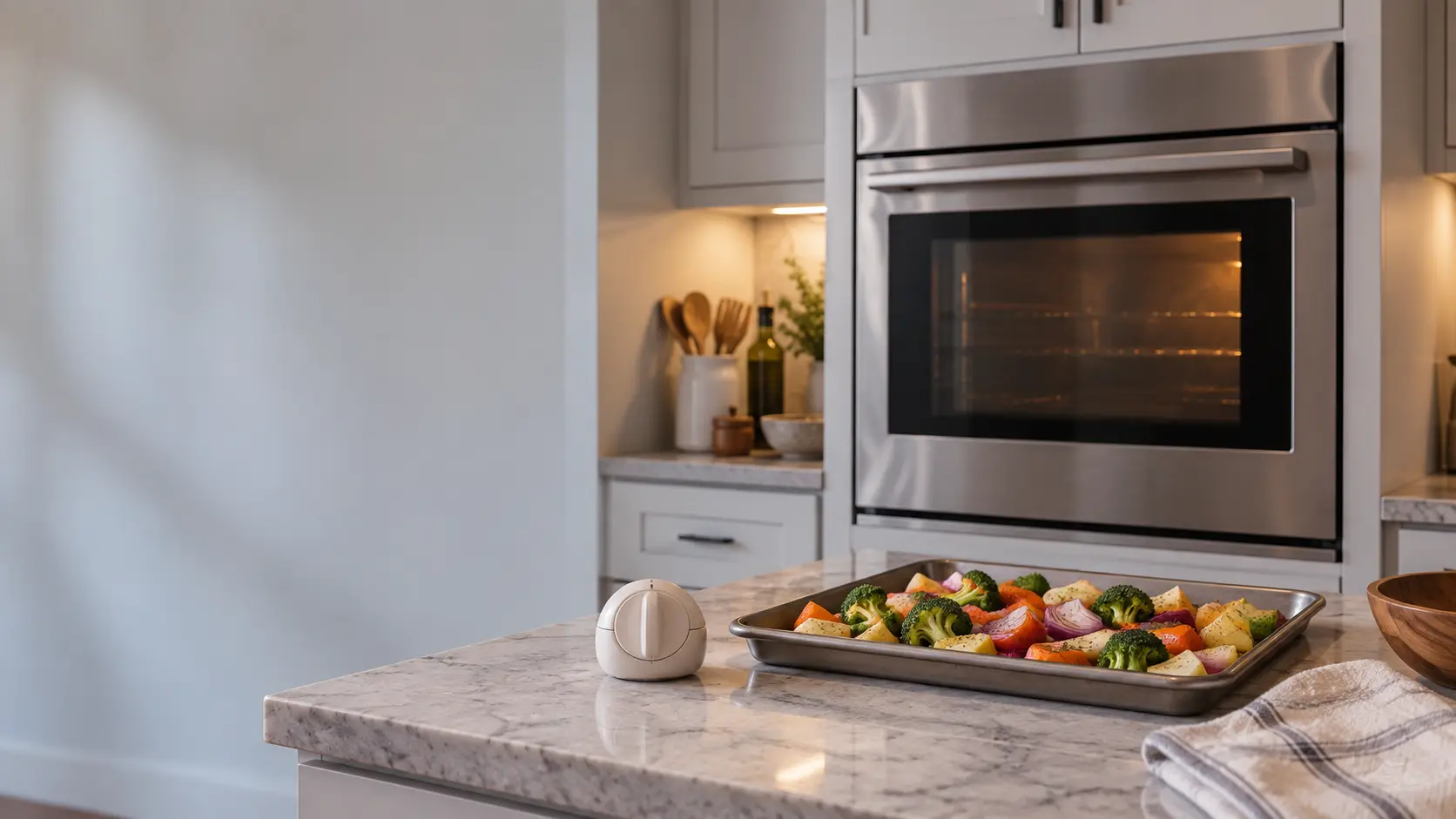 A kitchen timer and a sheet pan of vegetables waiting on the counter beside a stainless single wall oven in a US home kitchen, the oven window only faintly glowing.