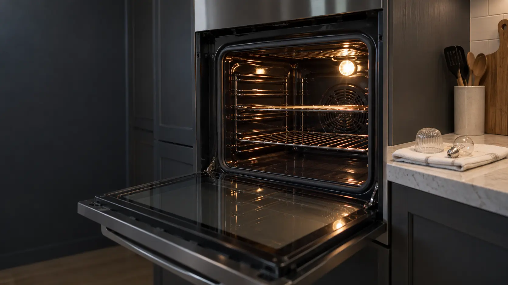 A dark wall oven cavity in a US home kitchen seen through its open door, a small glass bulb cover and a replacement bulb resting on a folded towel on the counter.