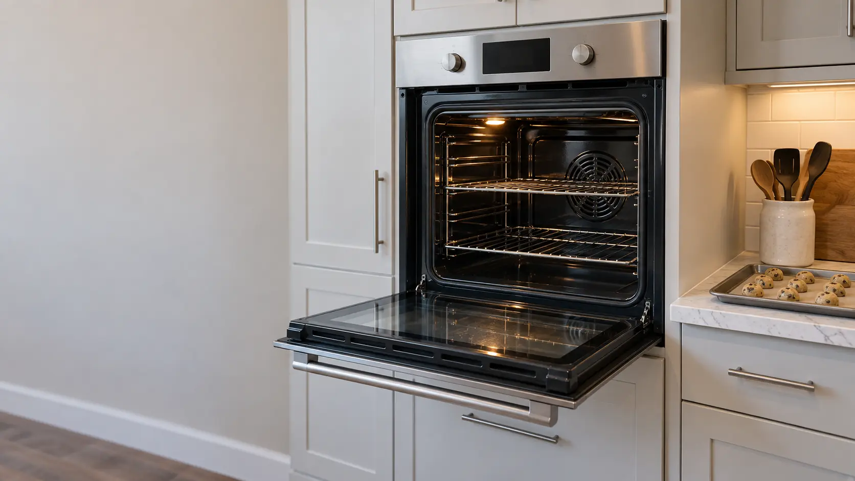 A single wall oven in a US home kitchen with its door open and racks empty, a tray of unbaked cookie dough waiting on the counter beside it.
