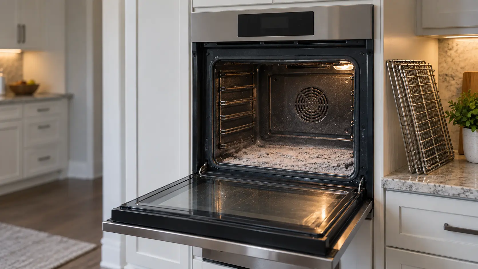 The interior of an empty wall oven in a US home kitchen after a cleaning cycle, pale gray ash on the cavity floor and the racks leaning against the counter beside it.
