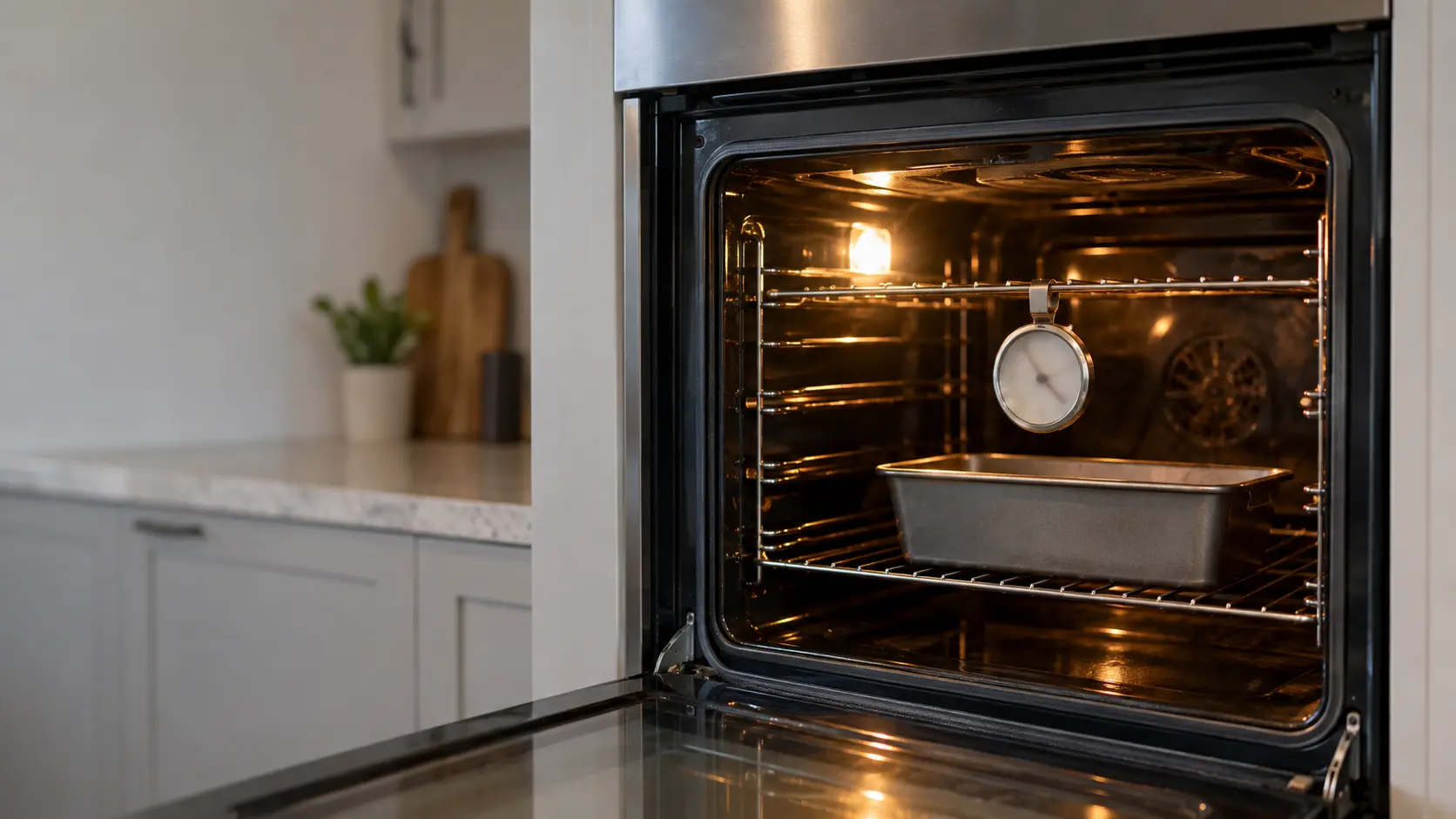 A dial oven thermometer hanging from the middle rack inside a lit wall oven in a US home kitchen, its needle blurred, a loaf pan resting on the rack below.