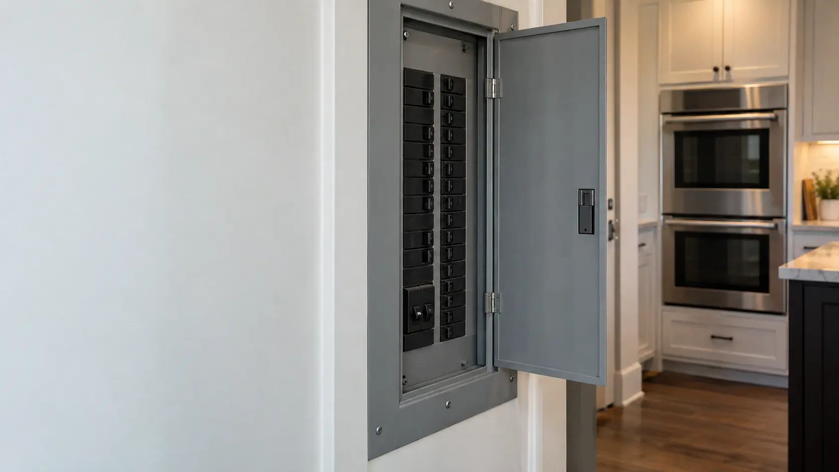 A home electrical panel in a US hallway with its door open and one large double breaker flipped to the off position, a stainless wall oven visible in the kitchen behind.
