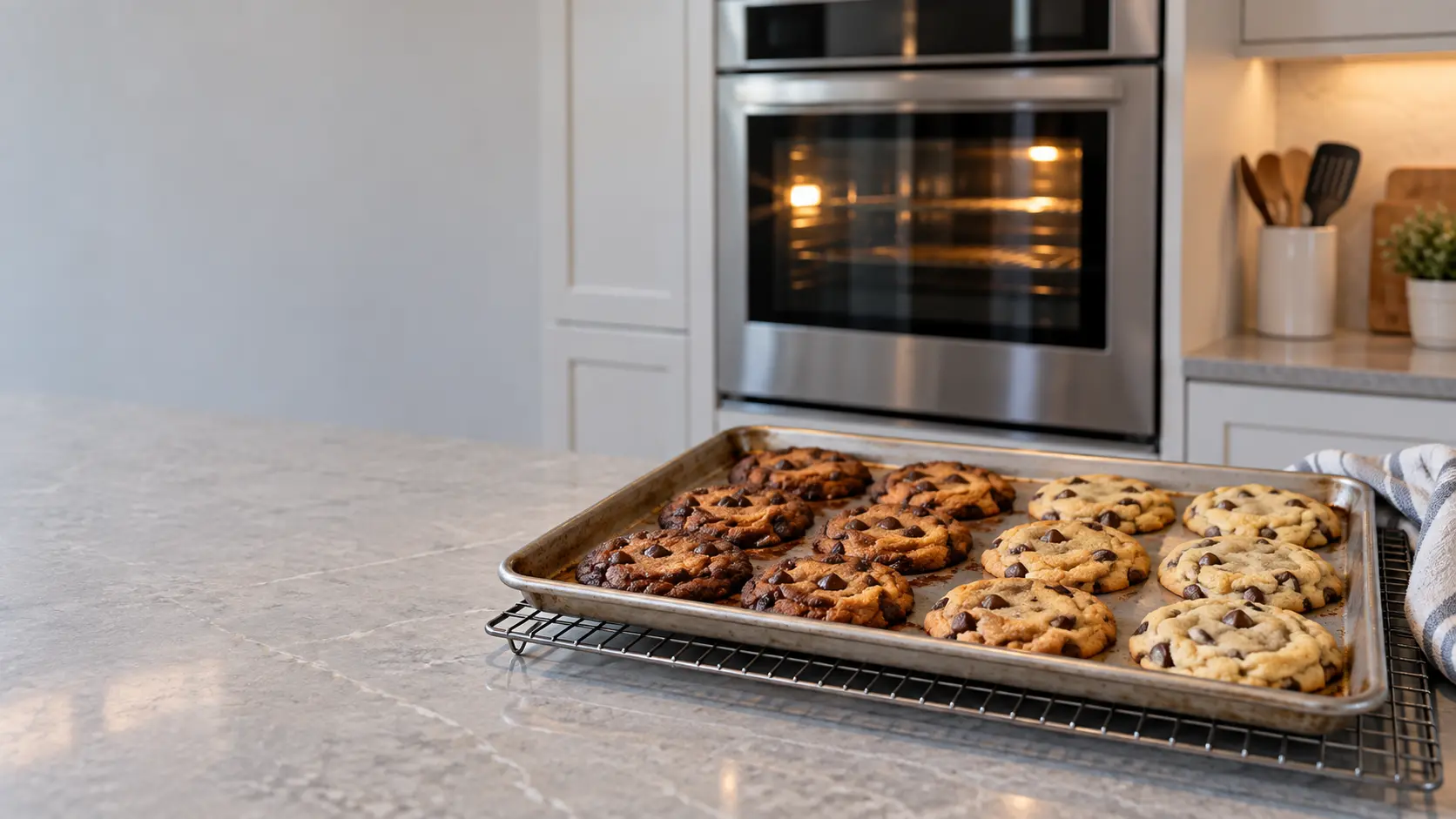 A sheet of cookies on a cooling rack in a US home kitchen, the ones at one end dark brown and the others pale, a stainless wall oven slightly out of focus behind.