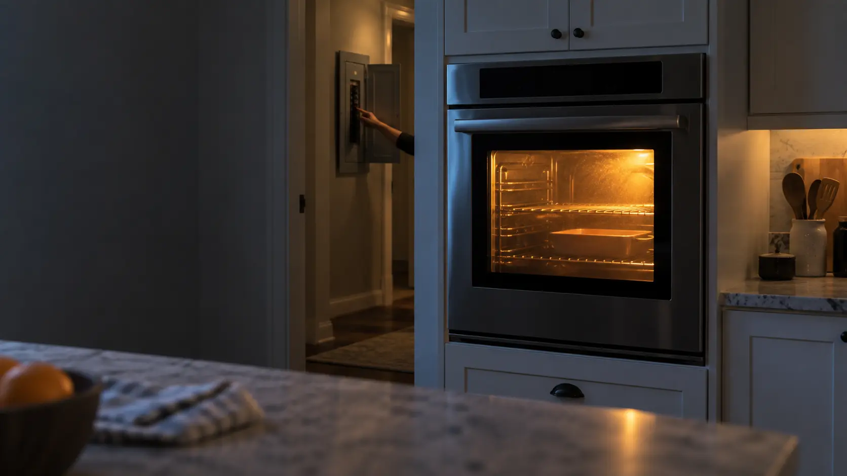 A built-in wall oven in a US home kitchen glowing orange through its window late at night, its control display dark, a hand reaching toward the electrical panel in the hallway beyond.