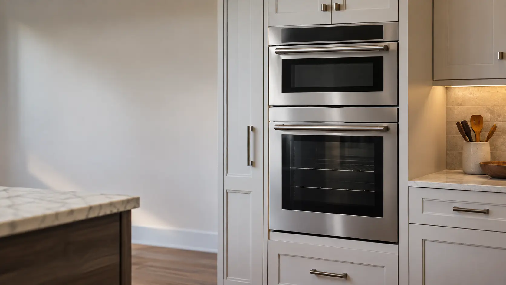 A compact built-in speed oven sits directly above a full-size wall oven in a tall cabinet of a US home kitchen.