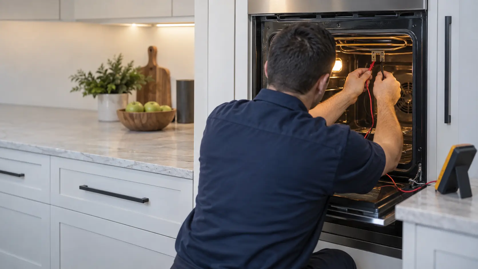 A repair technician in a plain navy work shirt kneeling beside an open wall oven, holding multimeter probes to a bake element terminal, face turned away.