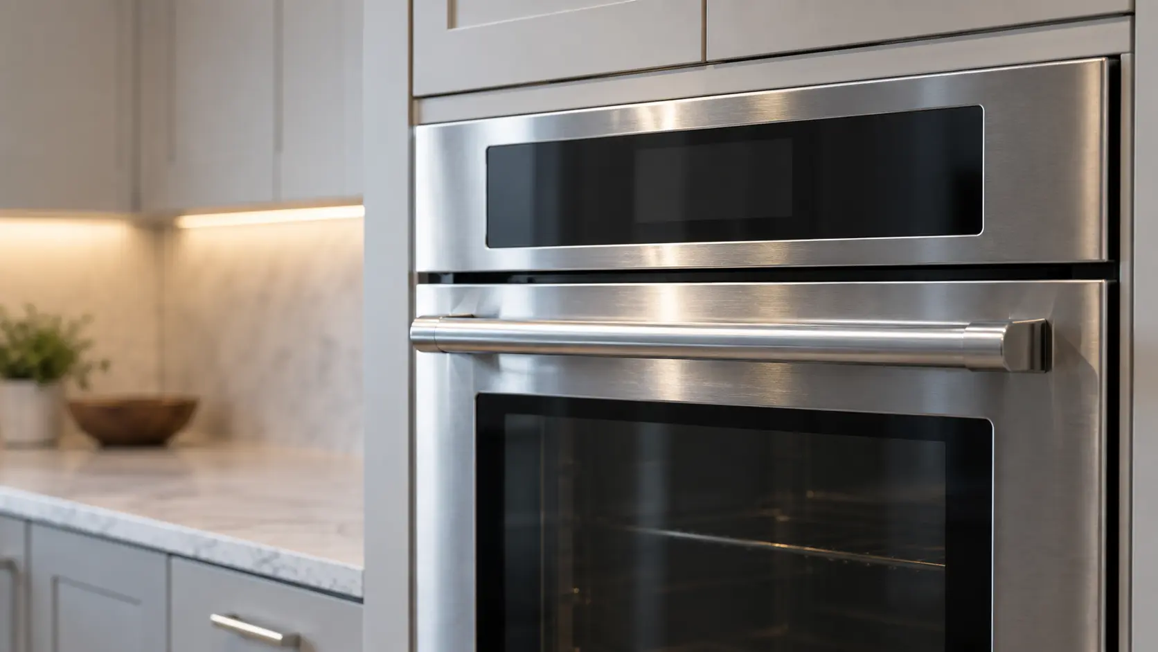 The control panel and door handle of a stainless wall oven filling the frame, soft light.