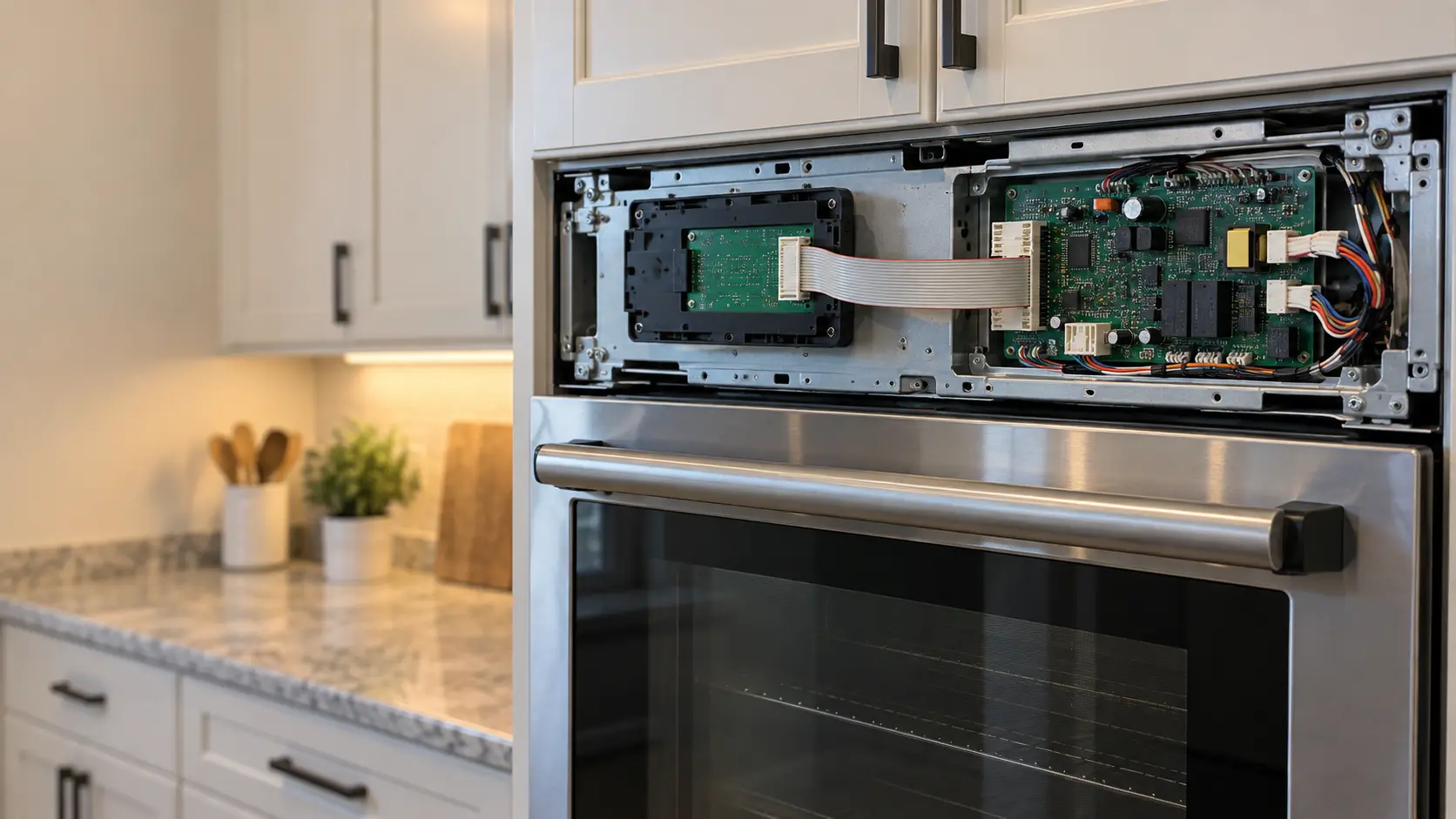 The back of a wall oven's control panel with its cover removed, a flat ribbon cable running from the display to the main board.