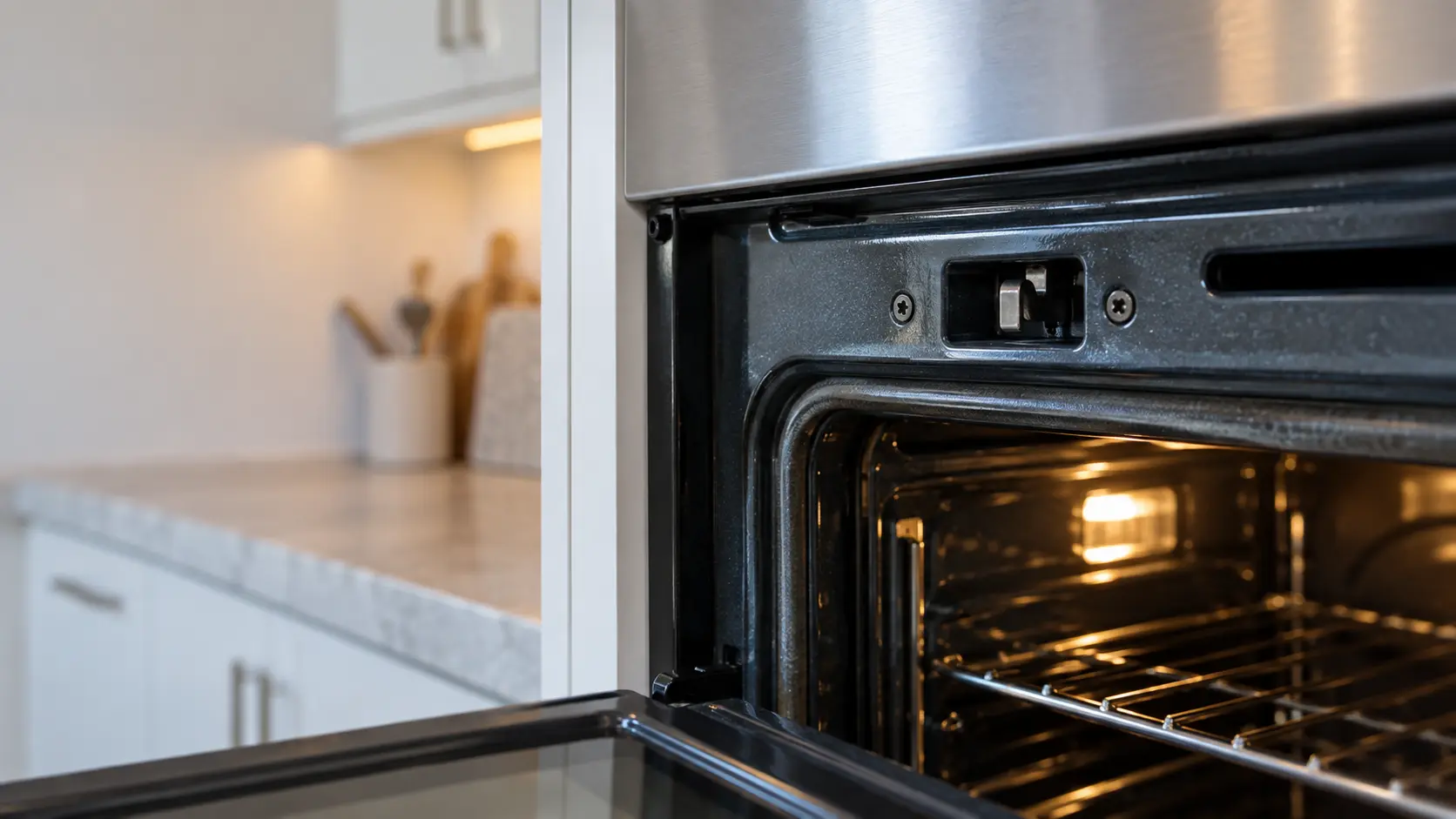 The latch slot at the top edge of an open wall oven's front frame, the metal hook of the door lock just visible inside it.