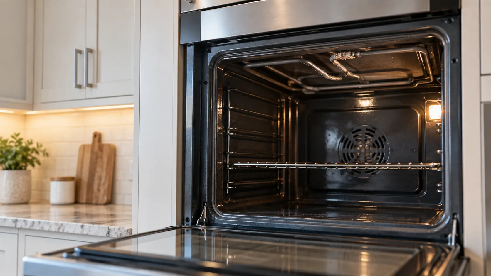 The broil element across the ceiling of an open wall oven cavity, one section of the coil blistered and dull where the rest shows an even gray.